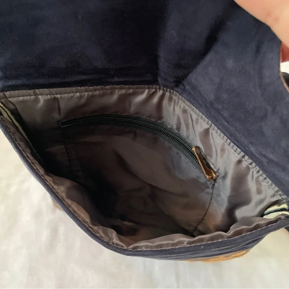 Boho Crossbody‎ Handbag Suede-Feel Embroidered Navy & Orange Floral